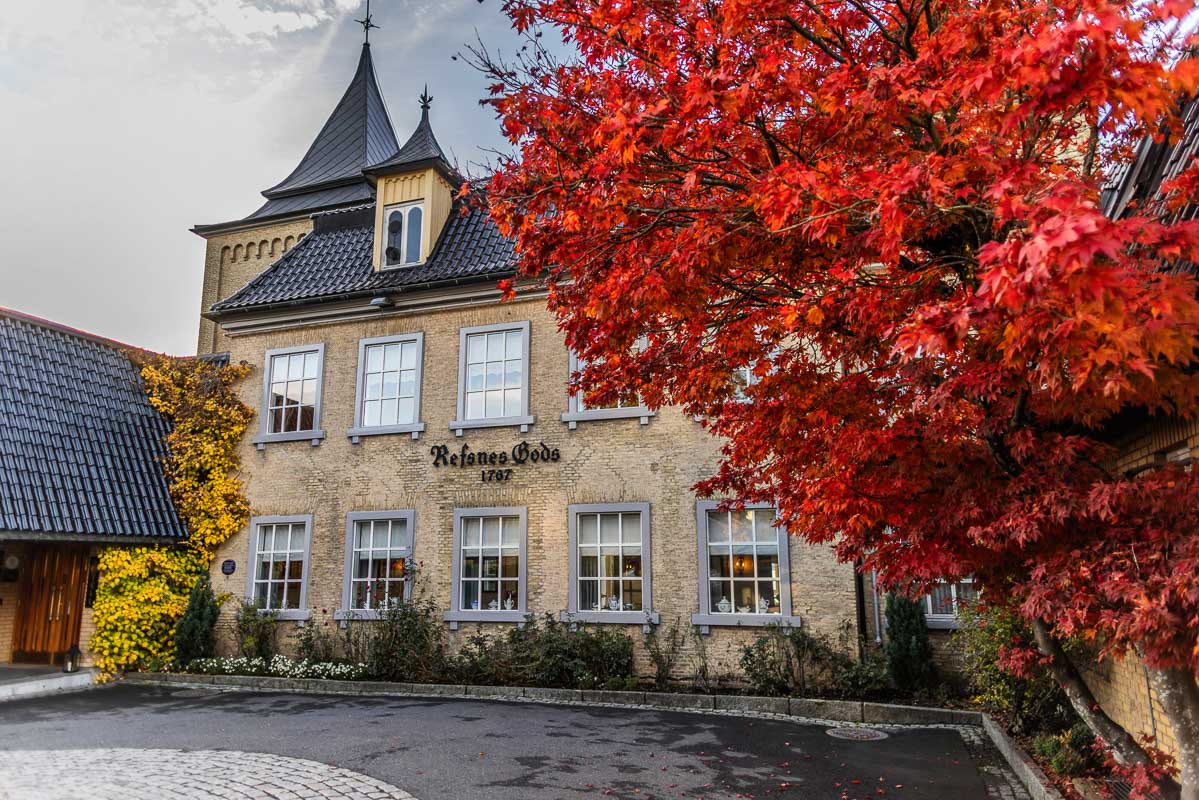 Hotell Refsnes Gods i høstdrakt med rød lønn foran hovedbygningen.